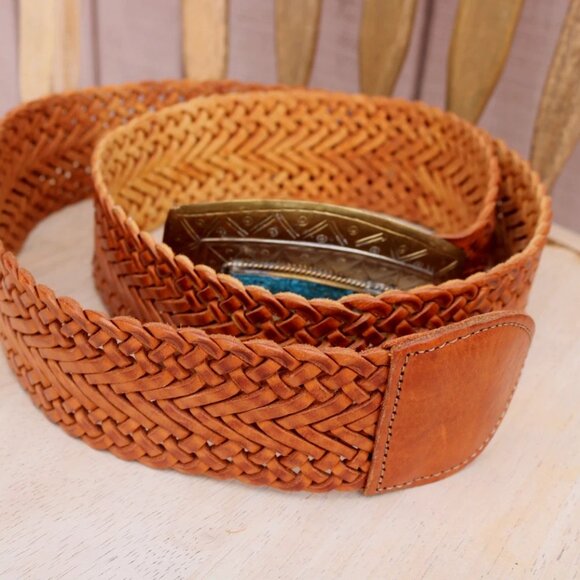 Chico's Moroccan Brown Leather Woven Belt Brass Silver Tone Buckle L - Picture 5 of 15